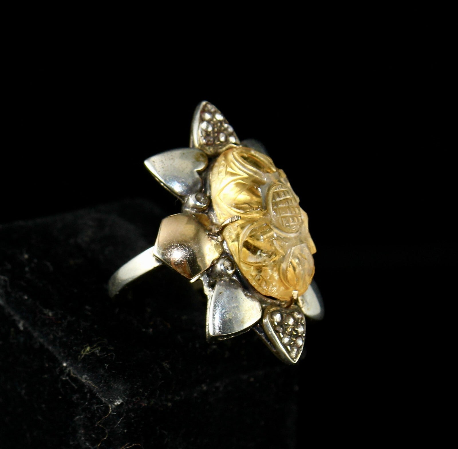 Antique Yellow Citrine 66.2ct Natural Diamond 18k Gold 925 Silver Victorian Ring