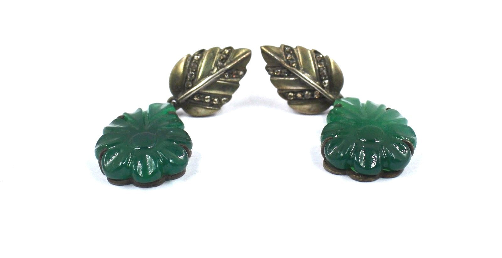 Green Onyx 10ct Carved Flower Natural Diamond In Sterling Silver Earrings