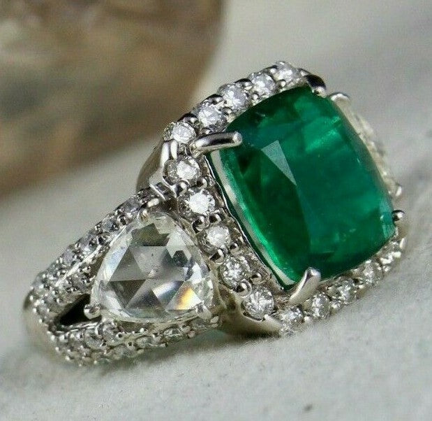 Certified Natural Zambia Emerald Cushion 4.87ct Natural Diamond 18k Gold Ring