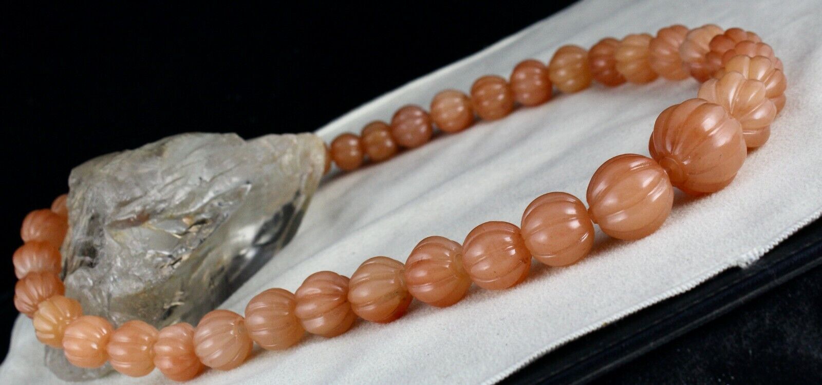 Natural Orange Quartz Carved Melon Beaded Necklace 1072 Carat Stone Silver Clasp