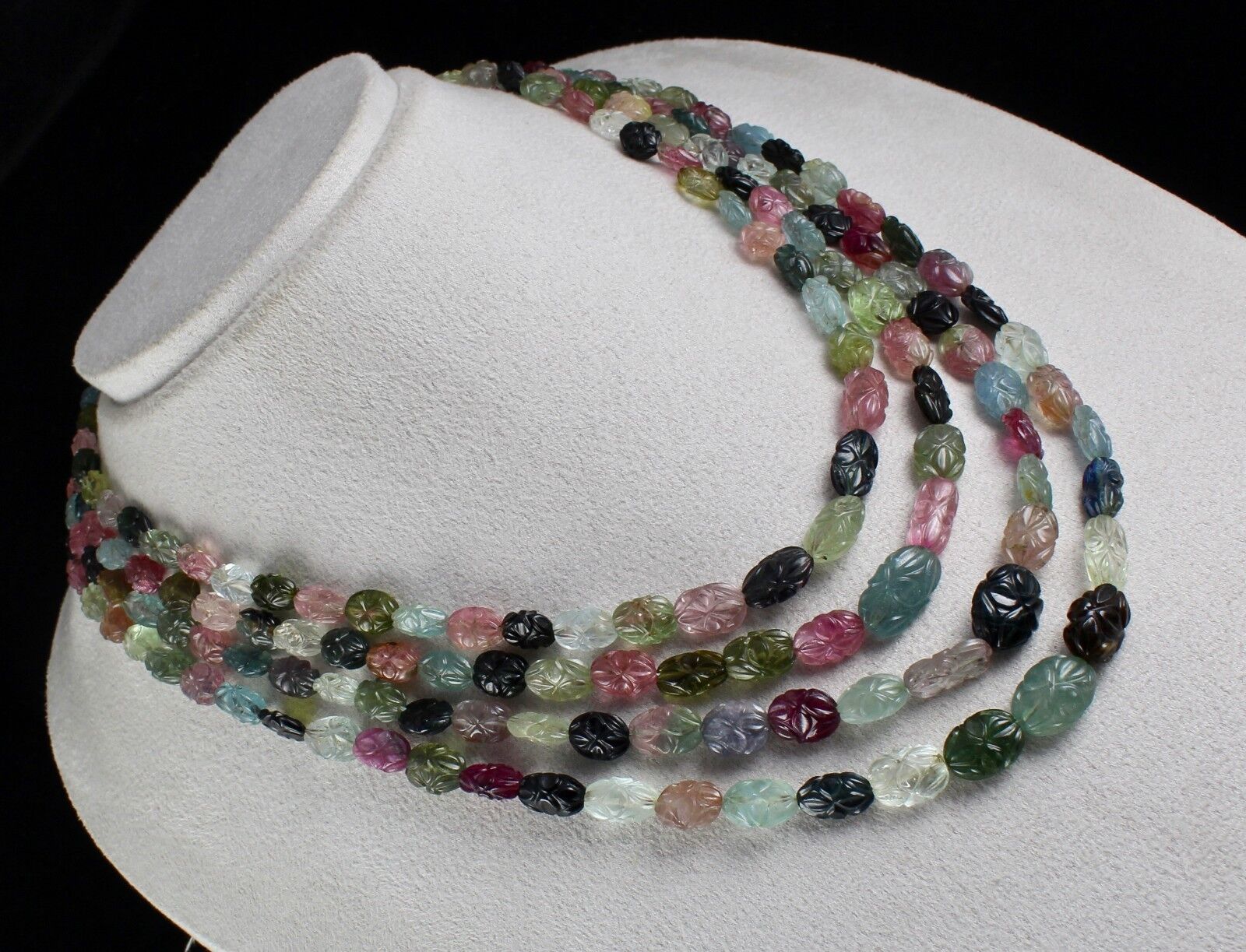 Natural Multi Tourmaline Aquamarine Beads Engraved 564 Ct Gemstone Old Necklace