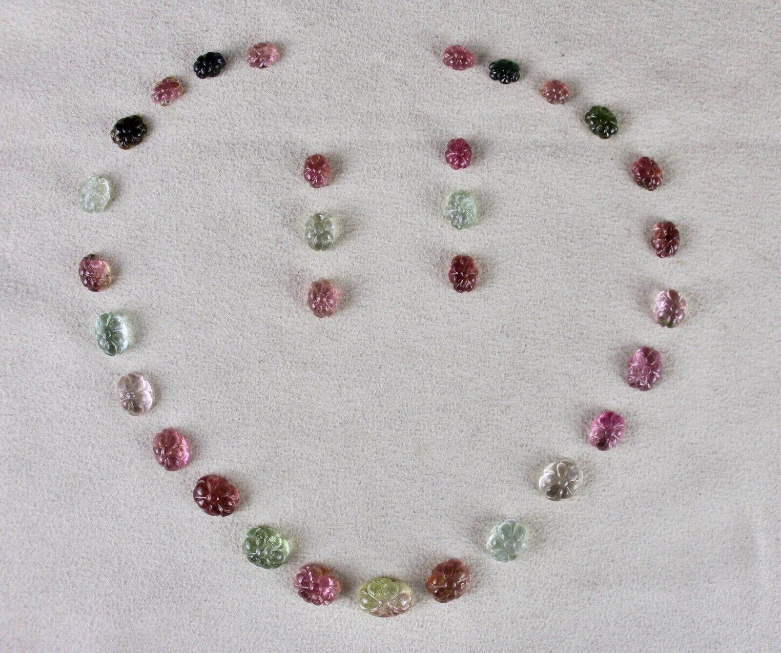 NATURAL MULTI TOURMALINE CARVED FLOWER 31 PCS 71.50 CTS GEMSTONE NECKLACE SET