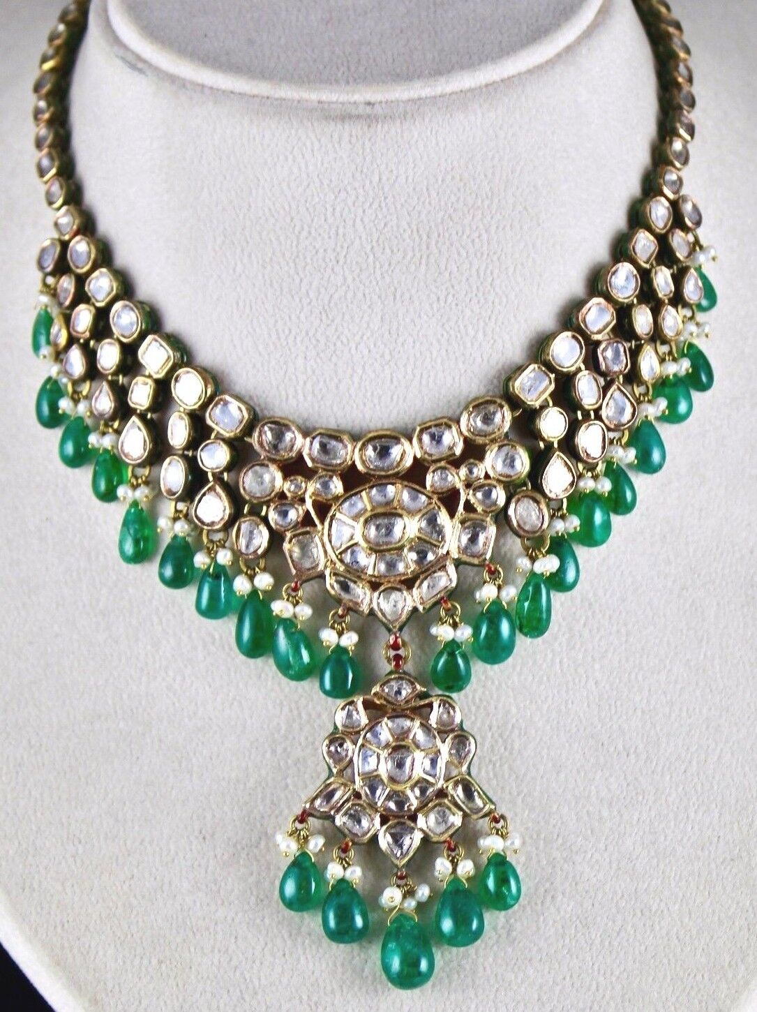 NATURAL DIAMOND EMERALD PEARL JADAU KUNDAN MEENA 22K GOLD NECKLACE EARRING SET