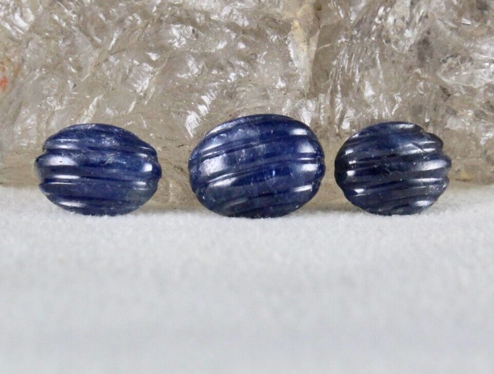 Natural Blue Sapphire Carved Oval 3 Pc 15.21 Ct Loose Gemstone For Ring Pendant