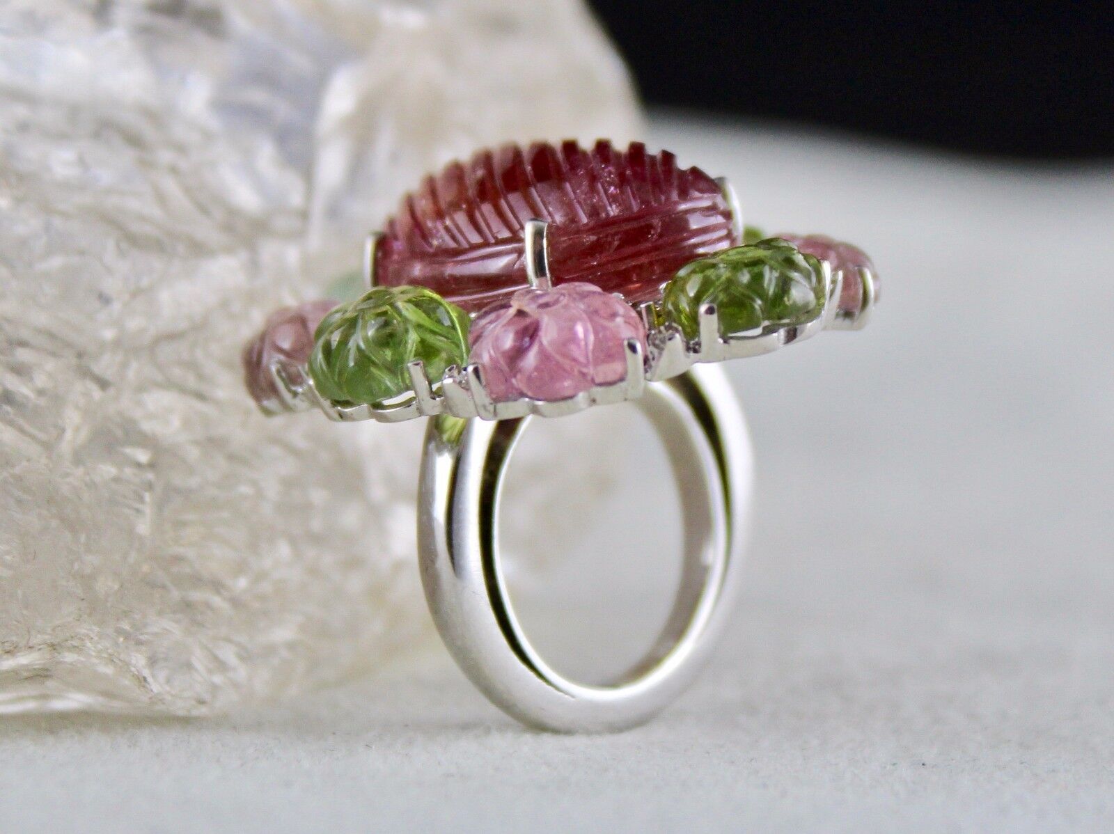 Exclusive Natural Multi Tourmaline Carved Gemstone Diamond Silver Statement Ring