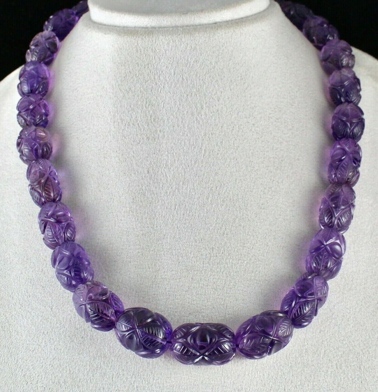 Vintage Natural Amethyst Beaded Engraved Long 926 Ct Gemstone Silver Necklace