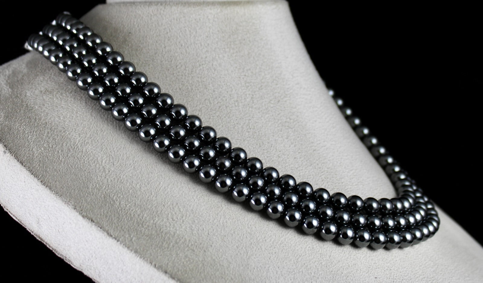 Natural Hematite Beads 3 Line 8mm 1160 Ct Round Black Gemstone Necklace