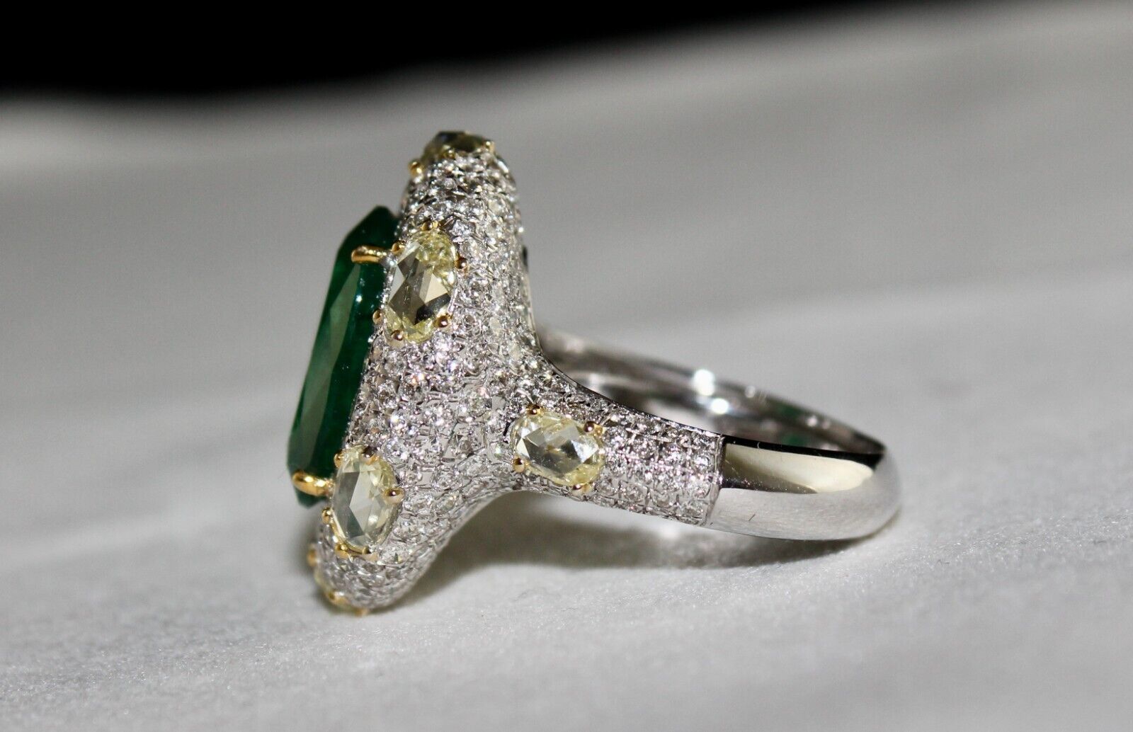 Certified Natural Zambia Emerald Oval Cut RoseCut Diamond 18K Gold Cocktail Ring