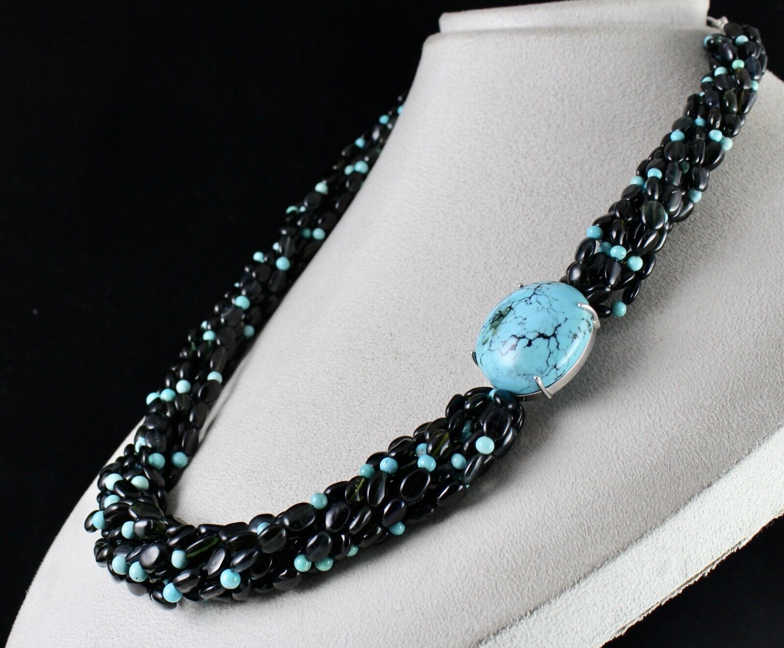 FINE NATURAL BLACK TOURMALINE TURQUOISE BEADED DESIGNER GEMSTONE SILVER NECKLACE