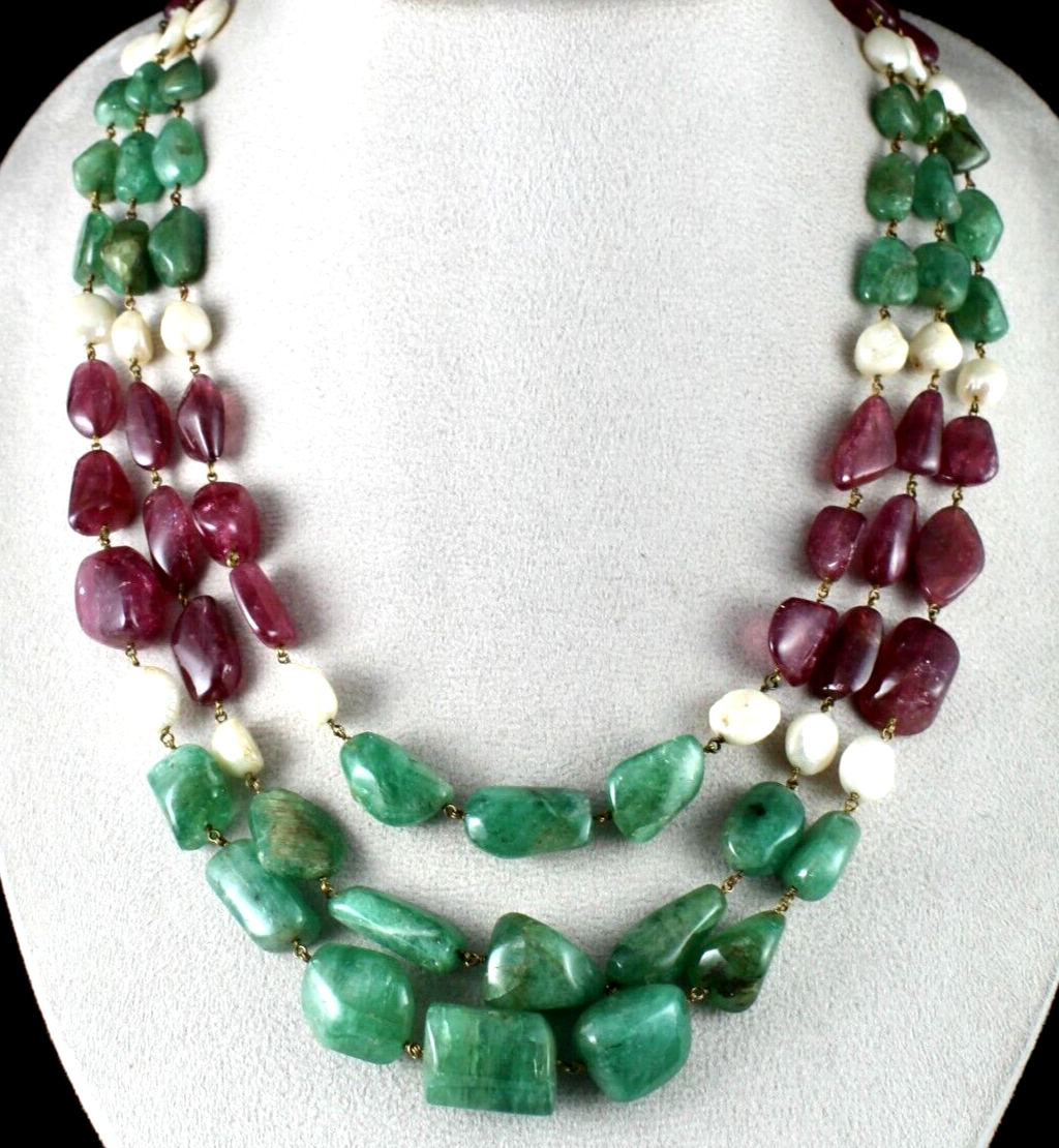 Certified Vintage Natural Emerald 940 Ct Tourmaline Pearl 18k Gold Necklace