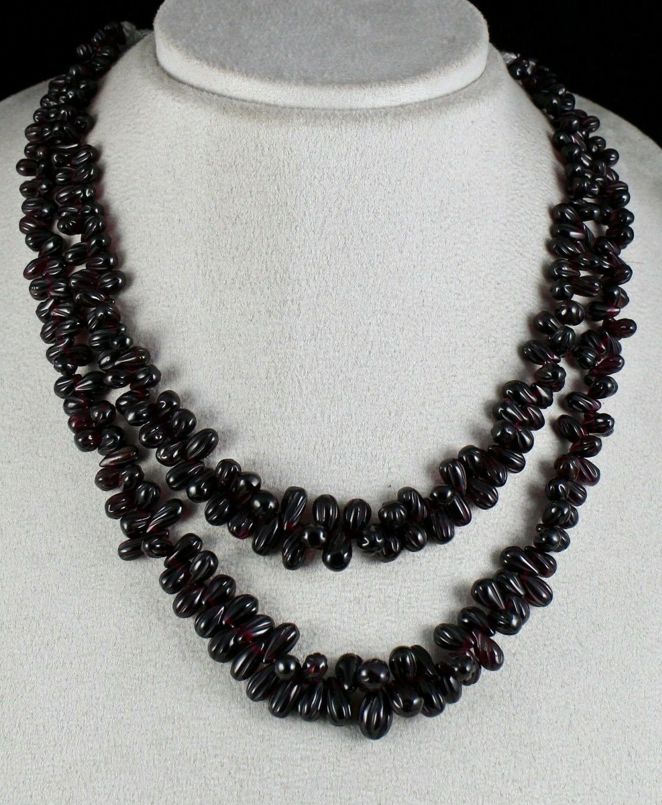 NATURAL RED GARNET BEADS CARVED TEAR DROPS 2 LINE 664 CARATS GEMSTONE NECKLACE 