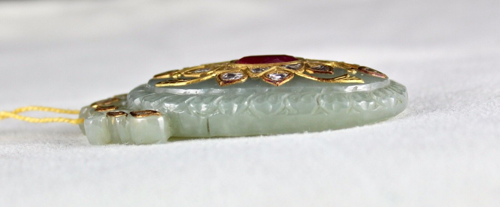 ANTIQUE GREEN JADE TAKTI PENDANT STUDDED WITH DIAMOND & RUBY IN 22K YELLOW GOLD