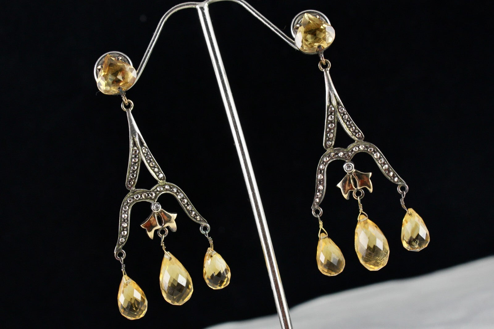 Certified Natural Citrine 10ct Drops Diamond Sterling Silver Victorian Earrings