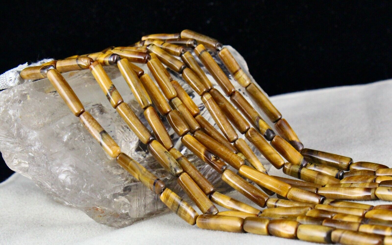 NATURAL TIGER'S EYE TUBE FANCY BEADS 5 LINE 514 CARATS GEMSTONE FASHION NECKLACE