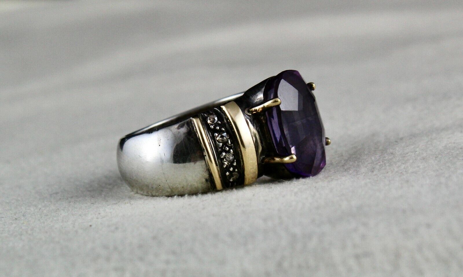 ANTIQUE NATURAL AMETHYST OVAL 18K GOLD DIAMOND SILVER VICTORIAN FINE UNISEX RING