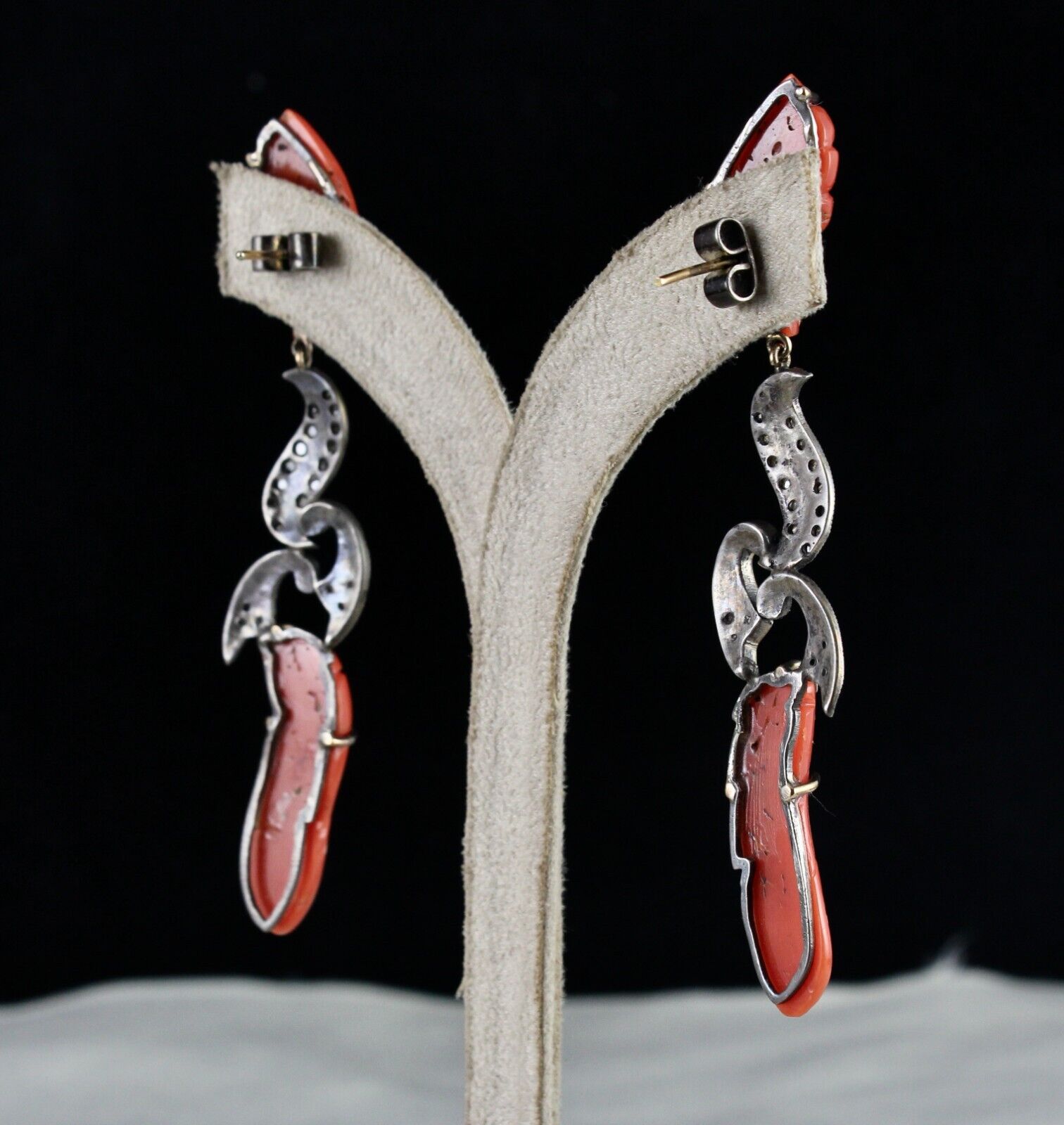 ESTATE NATURAL RED CORAL CARVED DIAMOND 18K GOLD  925 SILVER VICTORIAN EARRING