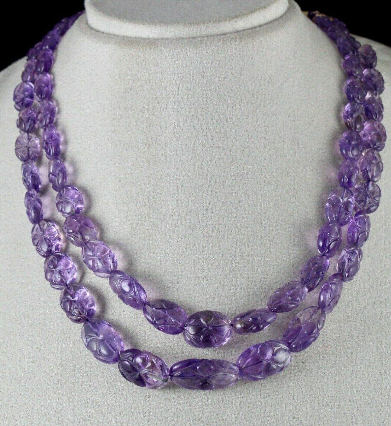 ANTIQUE NATURAL AMETHYST BEADS CARVED 2 LINE 478 CARATS GEMSTONE FINE NECKLACE