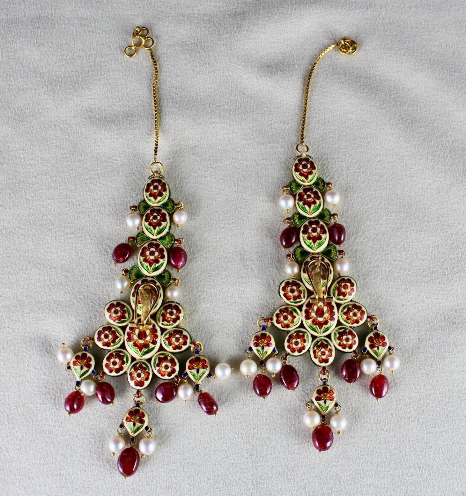 Antique Diamond Spinel Pearl 22K Gold Jadau Kundan Meena Ladies Dangle Earring