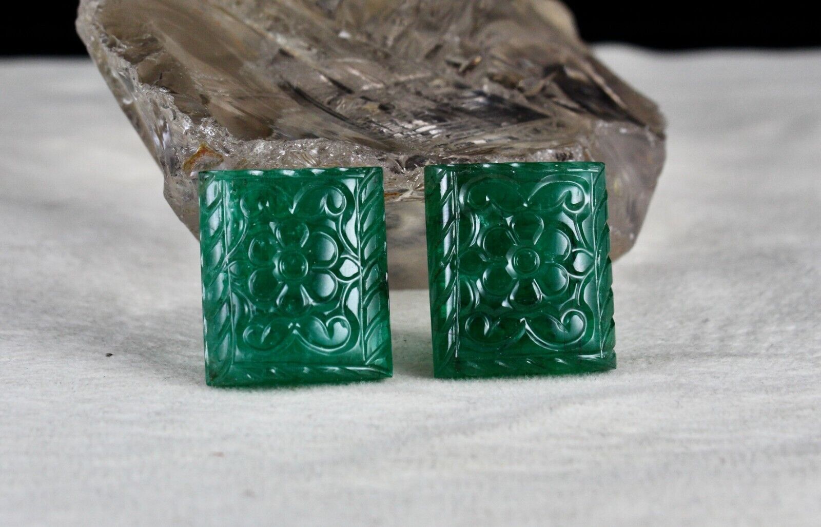 Natural Certified Emerald Mughal Carved 20X18 mm 65.45 Ct Gemstone Earring Pair