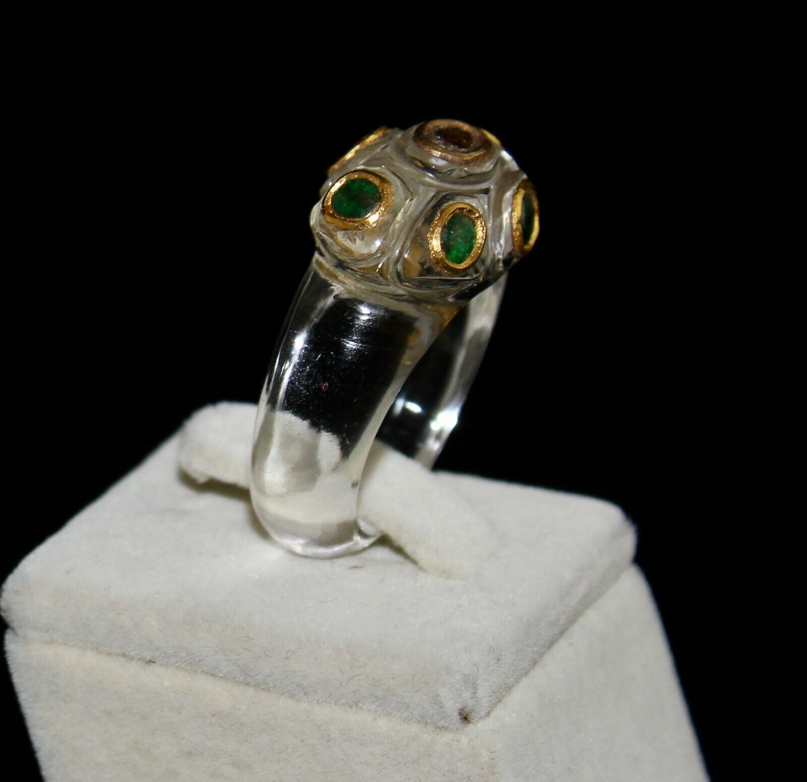 ANTIQUE NATURAL CRYSTAL QUARTZ DIAMOND EMERALD 22K GOLD ETHNIC FASHION RING