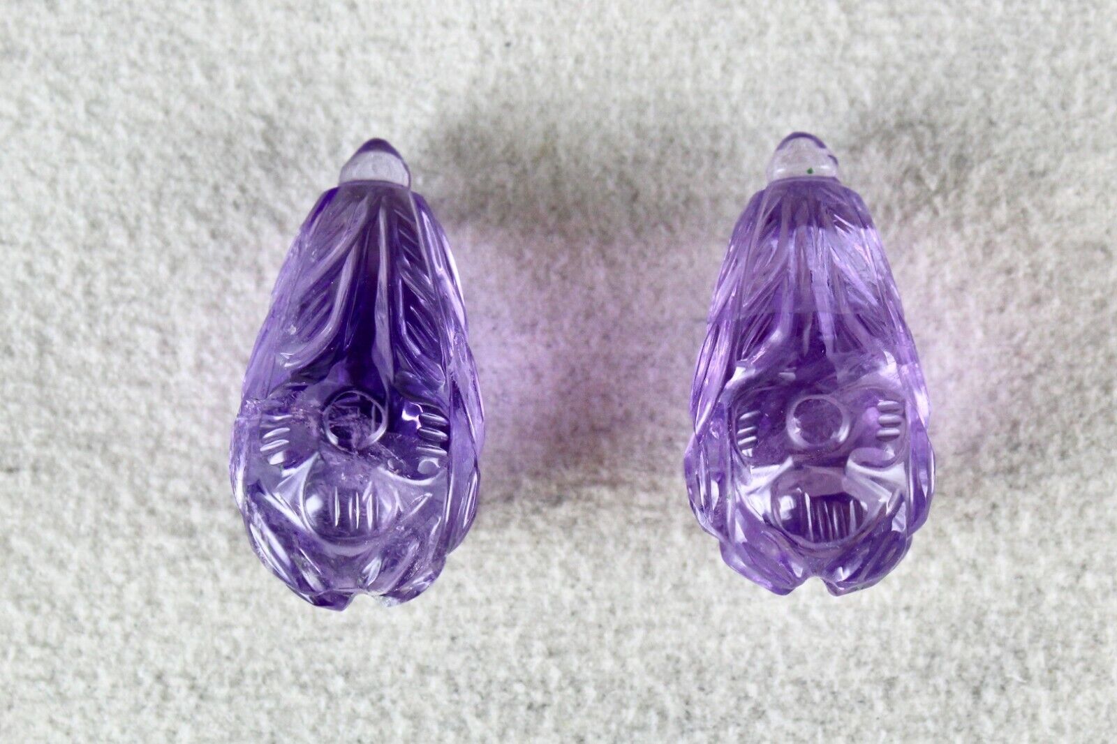 NATURAL AMETHYST CARVED DROPS PAIR 2 PCS 53.80 CARATS GEMSTONE EARRING DESIGNING