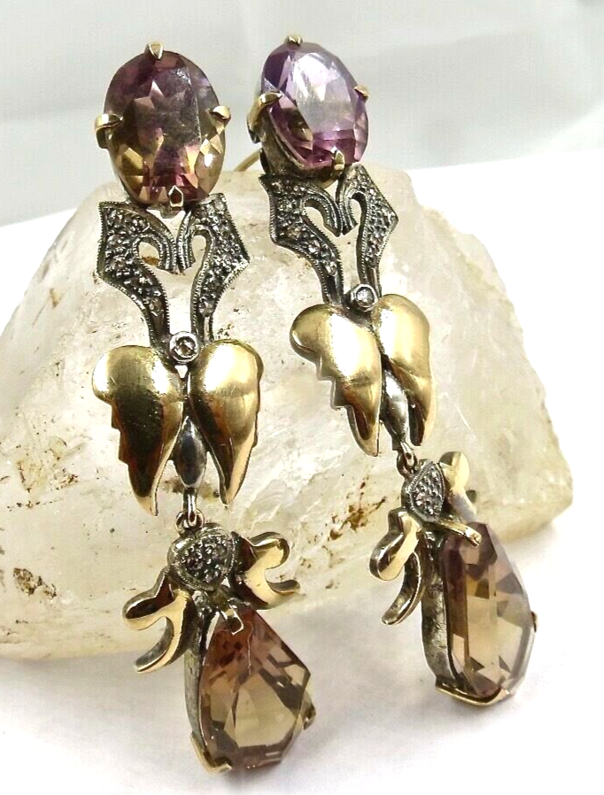 Certified Natural Ametrine 99.67ct Victorian 18k Gold & Sterling Silver Earrings