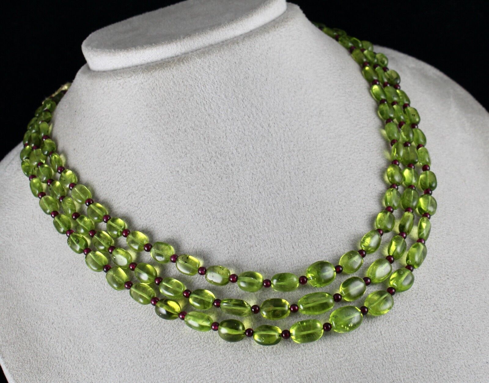 Natural Peridot Garnet Beaded Cabochon 3 Line 345 Cts Gemstone Fine Necklace