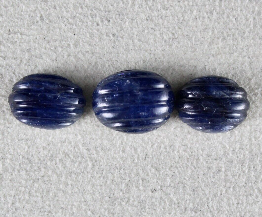 Natural Blue Sapphire Carved Oval 3 Pc 15.21 Ct Loose Gemstone For Ring Pendant