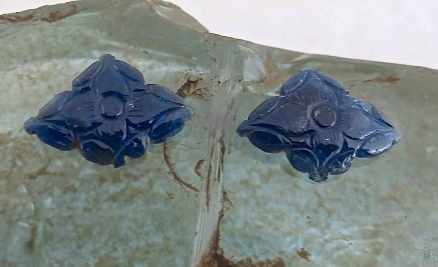 12X18MM NATURAL BURMESE BLUE SAPPHIRE CARVED FLOWER 10.74 CARAT GEMSTONE EARRING