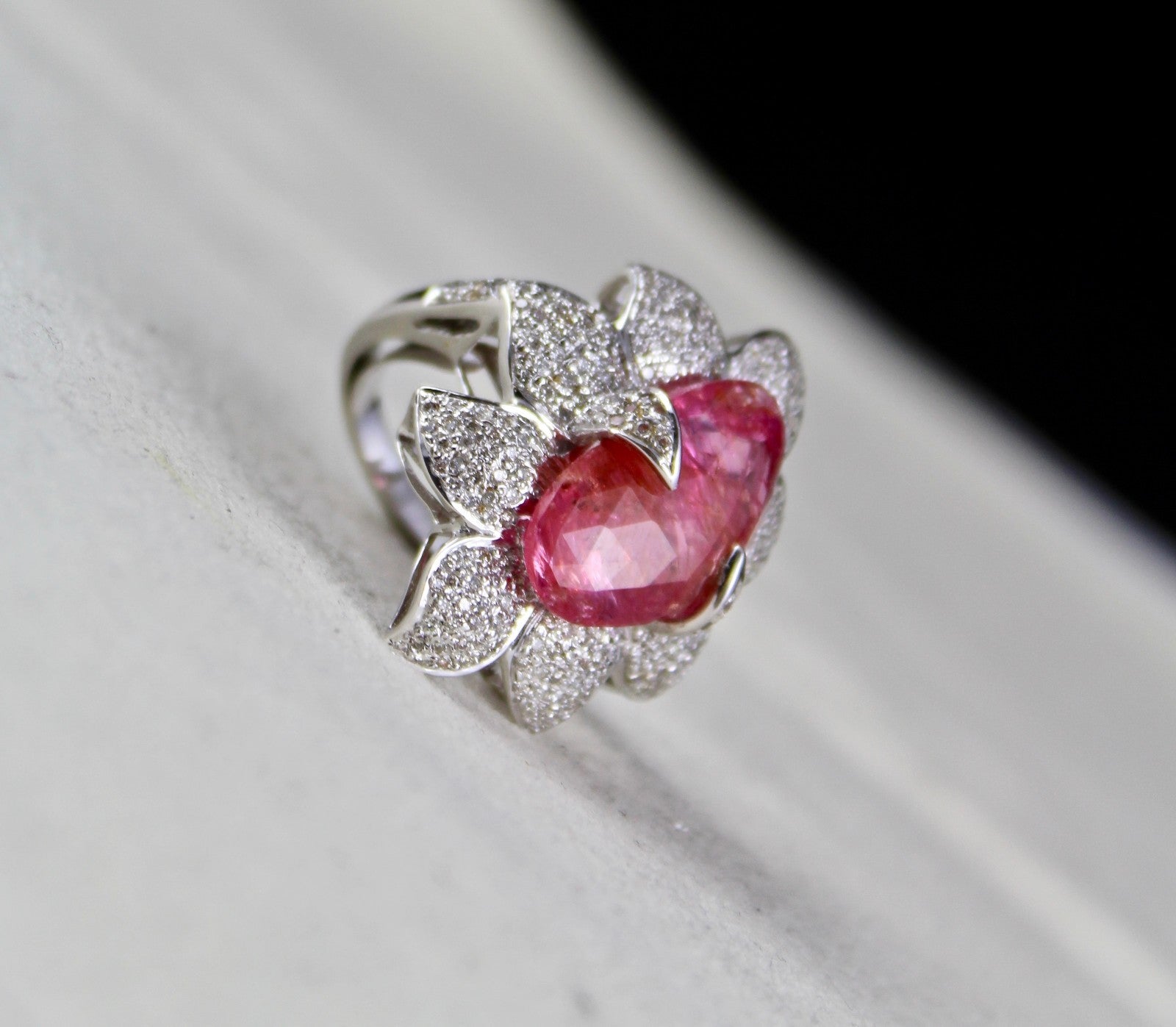 Natural Burma Ruby 12.11 Ct Cabochon Diamond Pavé Ring 18k White Gold For Women