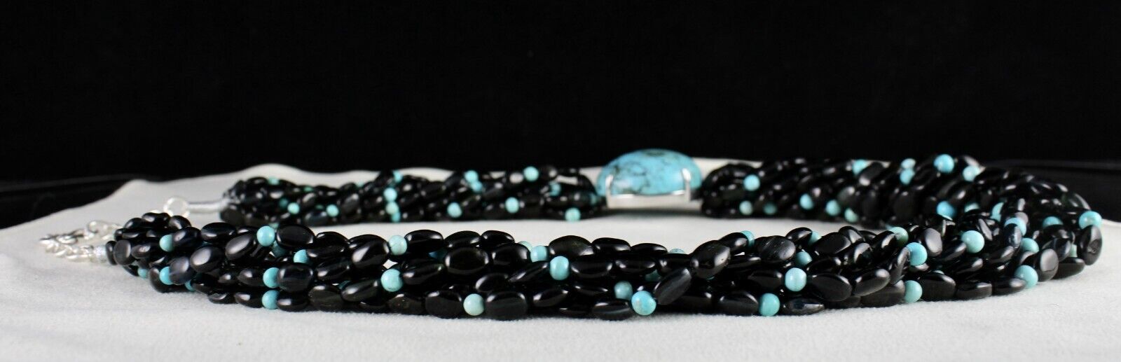 FINE NATURAL BLACK TOURMALINE TURQUOISE BEADED DESIGNER GEMSTONE SILVER NECKLACE