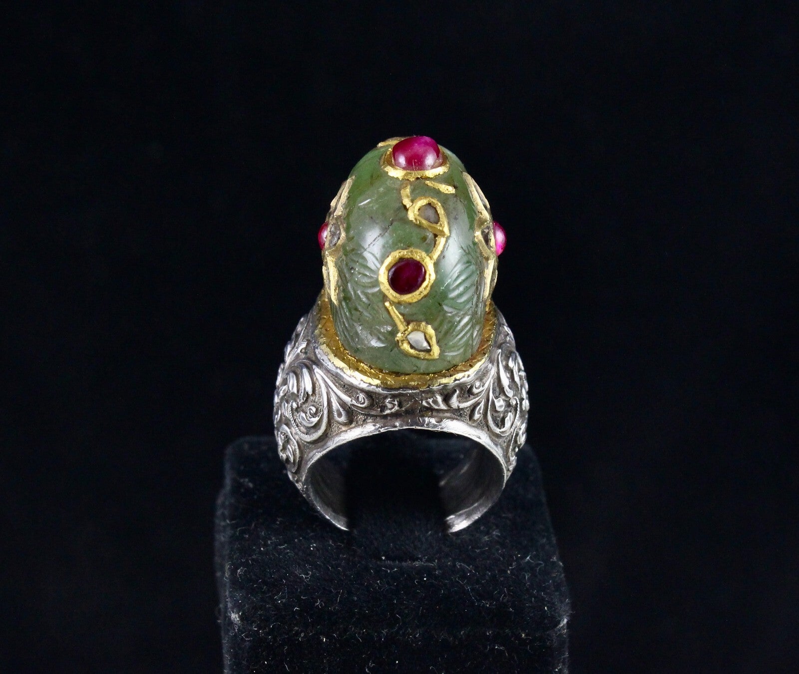 Certified Antique Natural Emerald 10ct Ruby Diamond Sterling Silver Royal Ring