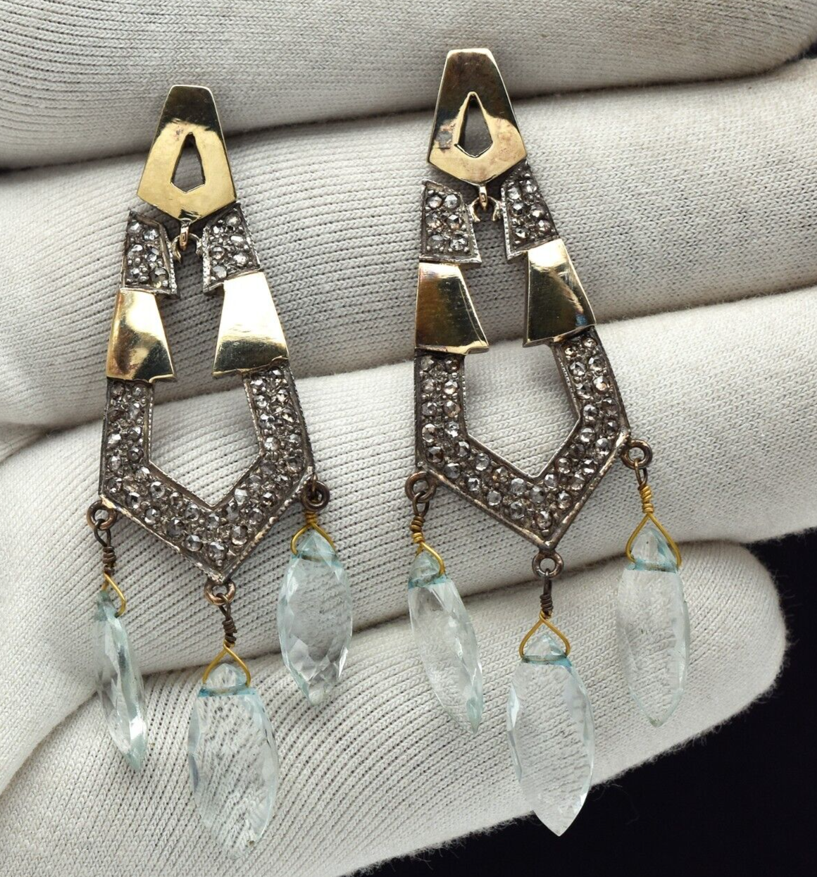 Vintage Natural Blue Aquamarine Diamond 57.5ct 18k Gold Sterling Silver Earrings