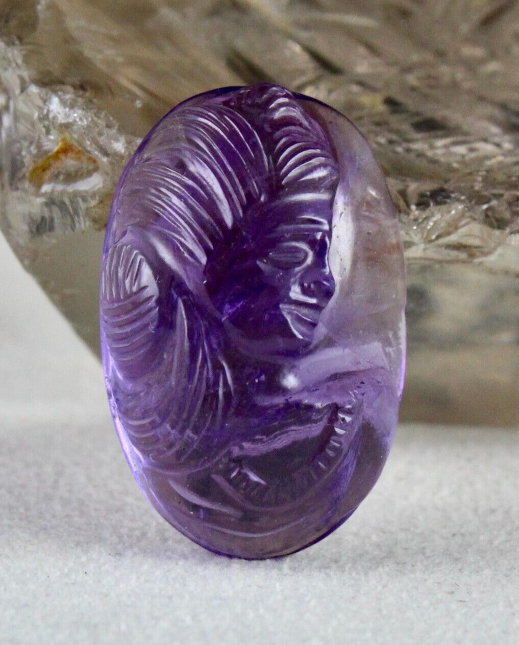 Natural Amethyst Engraved Face Cab 28x18mm 42.11 Ct Gemstone Pendant Designing