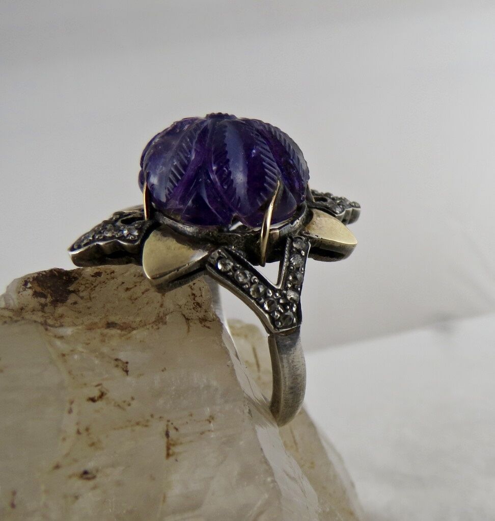 Antique Natural Amethyst Carved Diamond 18K Gold 925 Silver Victorian Ring