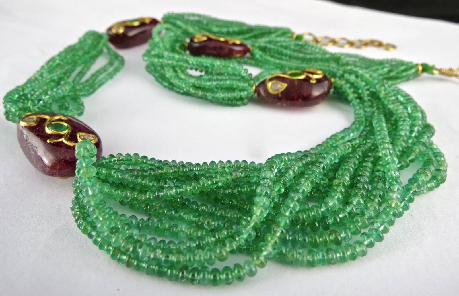 NATURAL EMERALD PINK TOURMALINE BEADS DIAMOND 18K GOLD JADAU LADIES NECKLACE