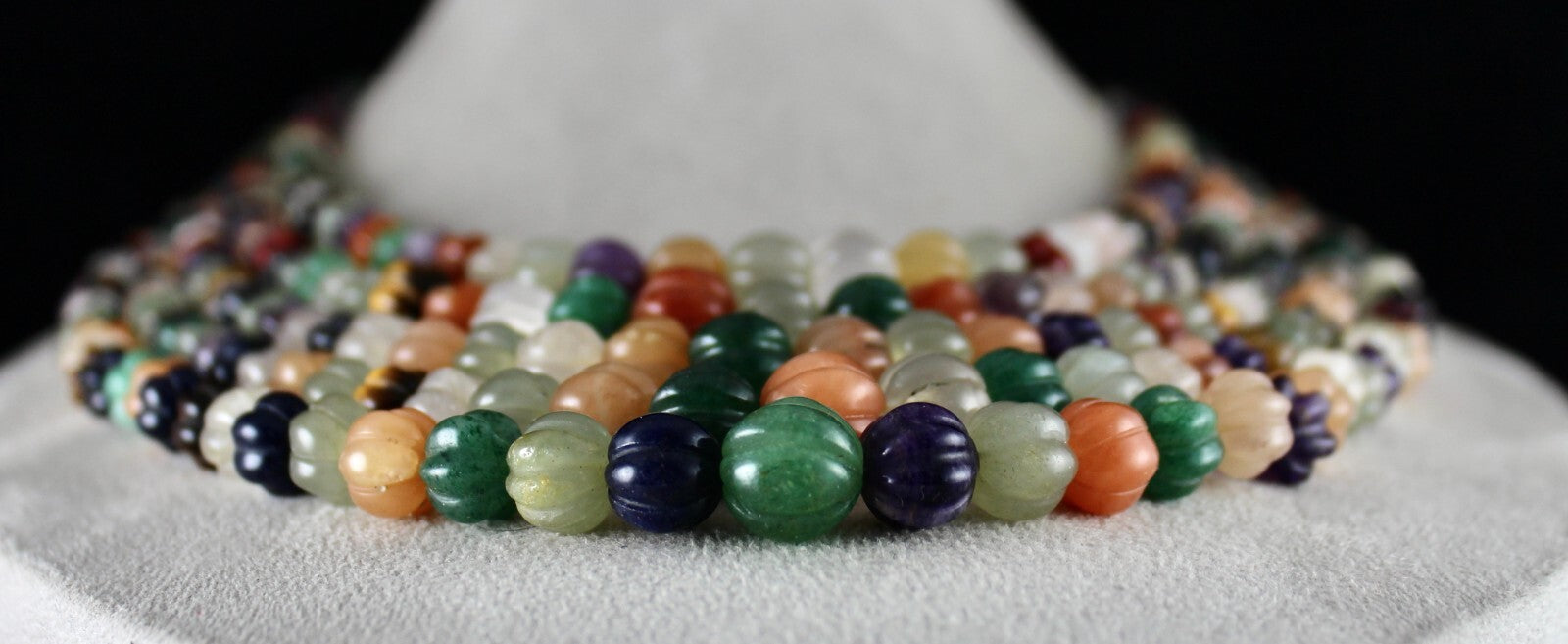 Vintage Multi Natural Semi Precious Carved Melon Beads Necklace 1360 Ct