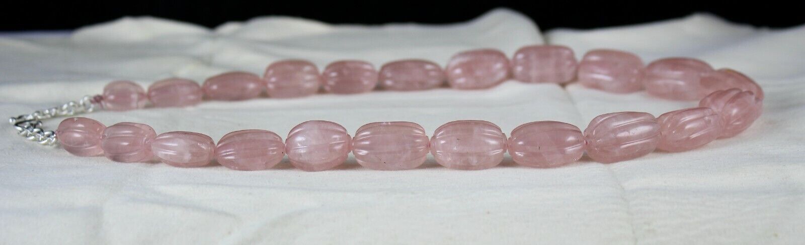 NATURAL ROSE QUARTZ MELON CARVED LONG BEADS 903 CARATS GEMSTONE SILVER NECKLACE