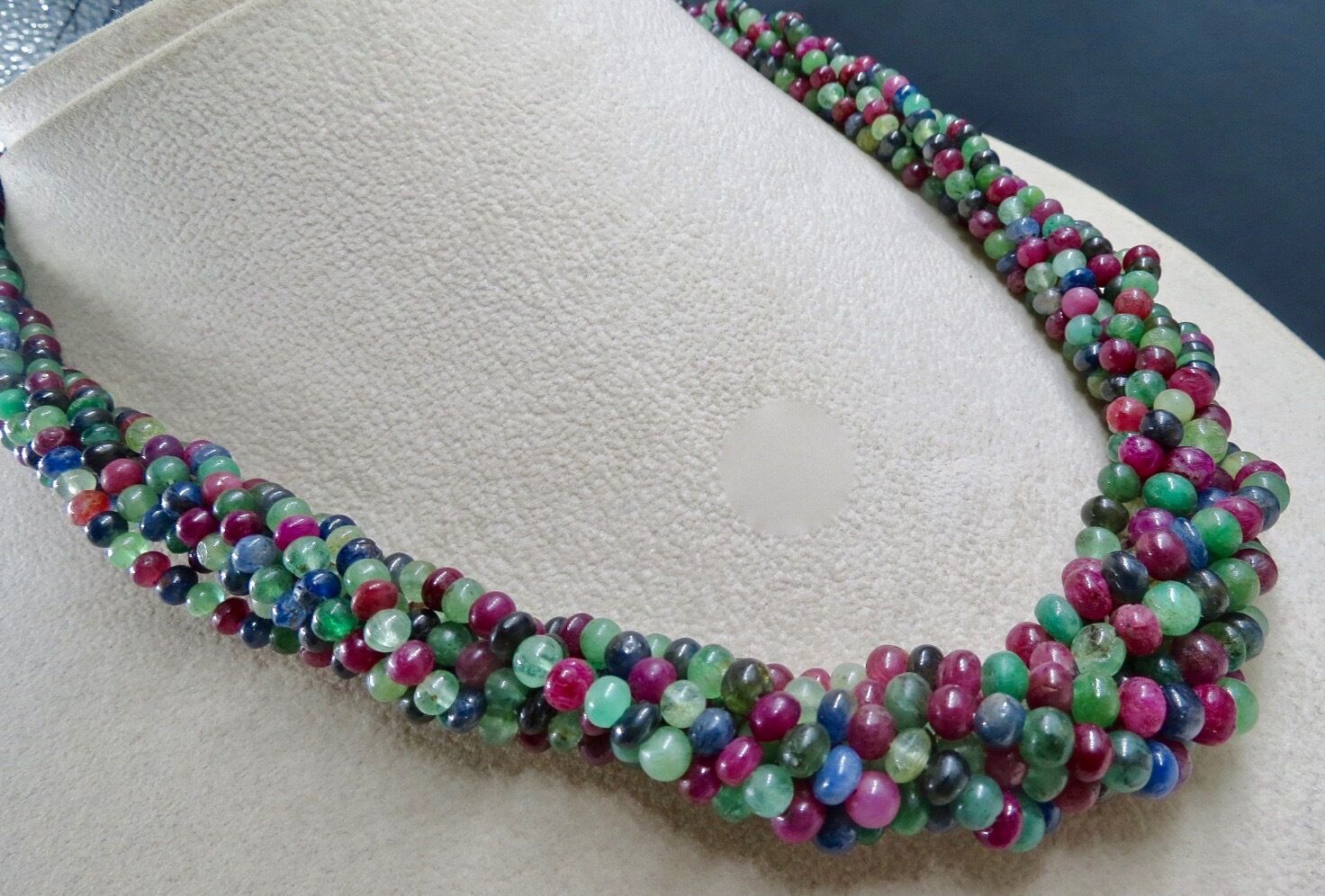 Vintage Natural Emerald Ruby Sapphire Beaded Round 631 Ct Stone Silver Necklace