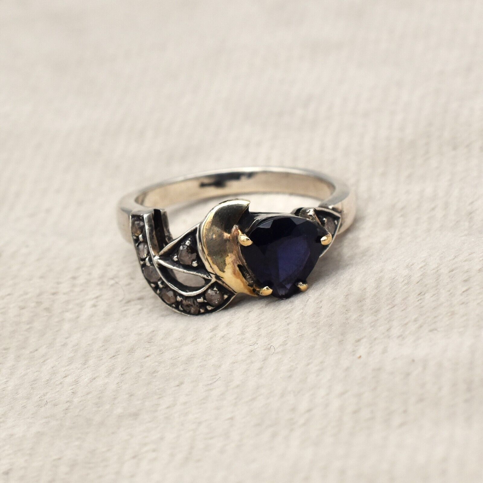 Vintage Blue Iolite Heart Cut 18K Gold Silver Victorian Women Fashion Ring