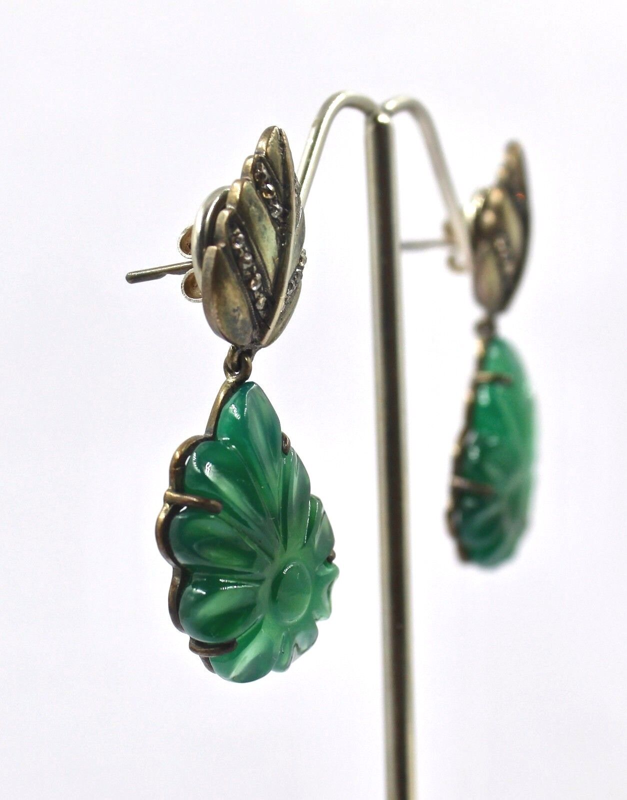 GREEN ONYX CARVED FLOWER GEMSTONE DIAMOND STUDDED IN 925 SILVER DANGLE EARRING