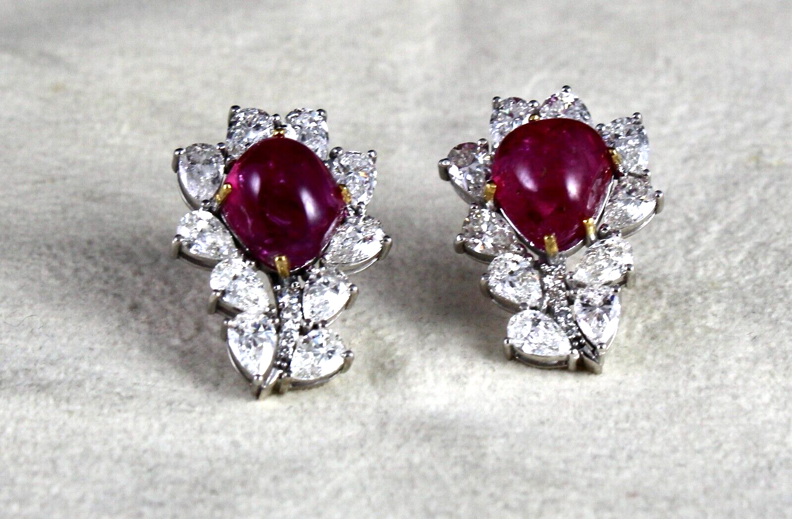 Certified 18k Gold Natural Diamond Burma Ruby Cabochon Stud Earrings 33.9ct