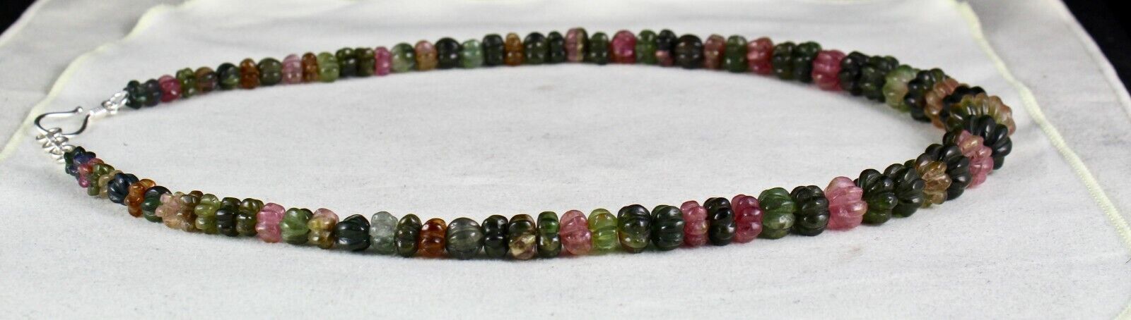 NATURAL MULTI TOURMALINE BEADS MELON CARVED 353 CARATS GEMSTONE SILVER NECKLACE