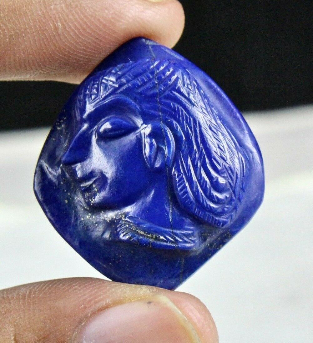 NATURAL LAPIS LAZULI CARVED QUEEN 32 MM 45.28 CTS GEMSTONE FOR DESIGNING PENDANT