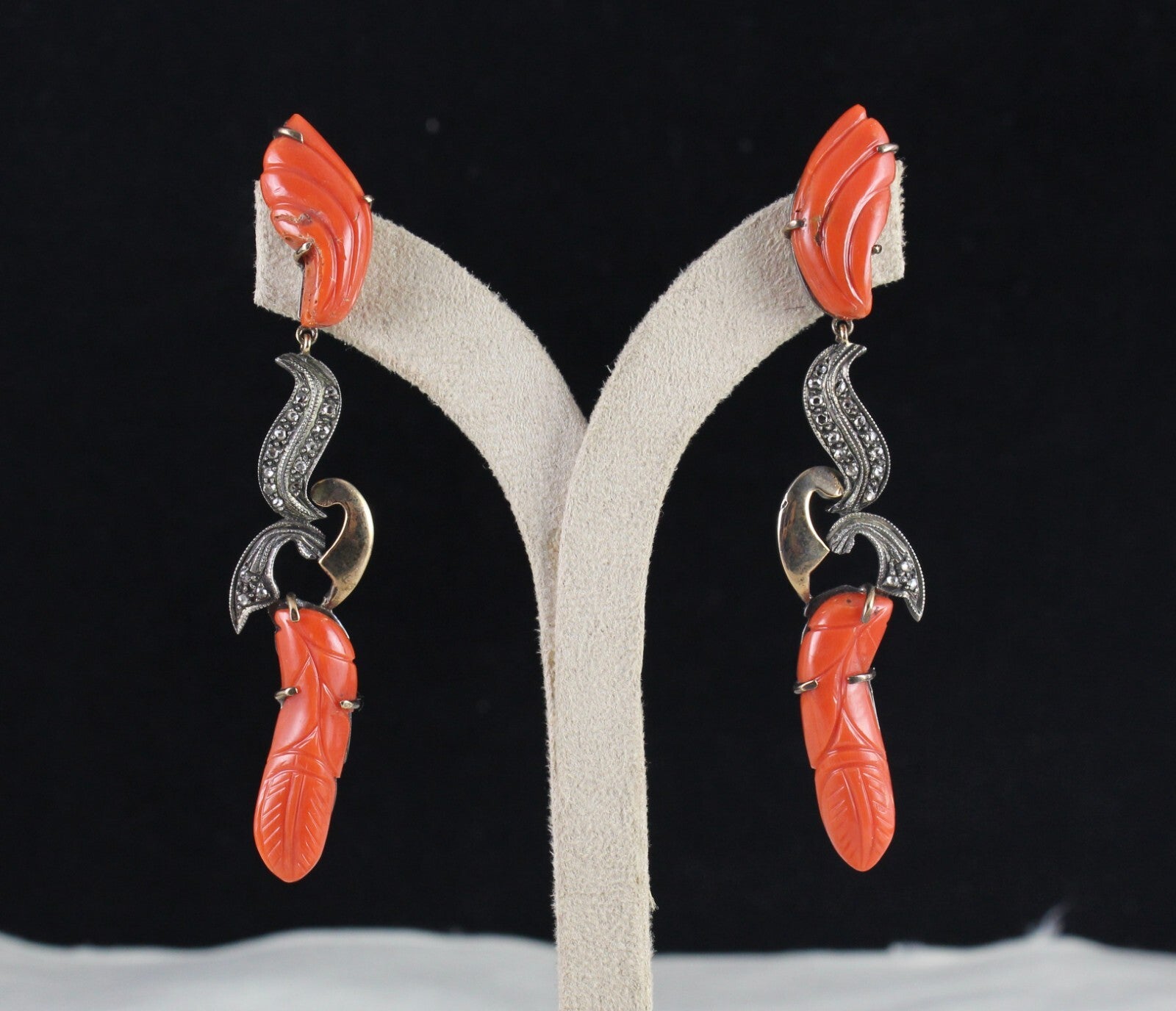 Estate Red Coral 10ct Natural Diamond 18k Gold 925 Sterling Silver Earrings