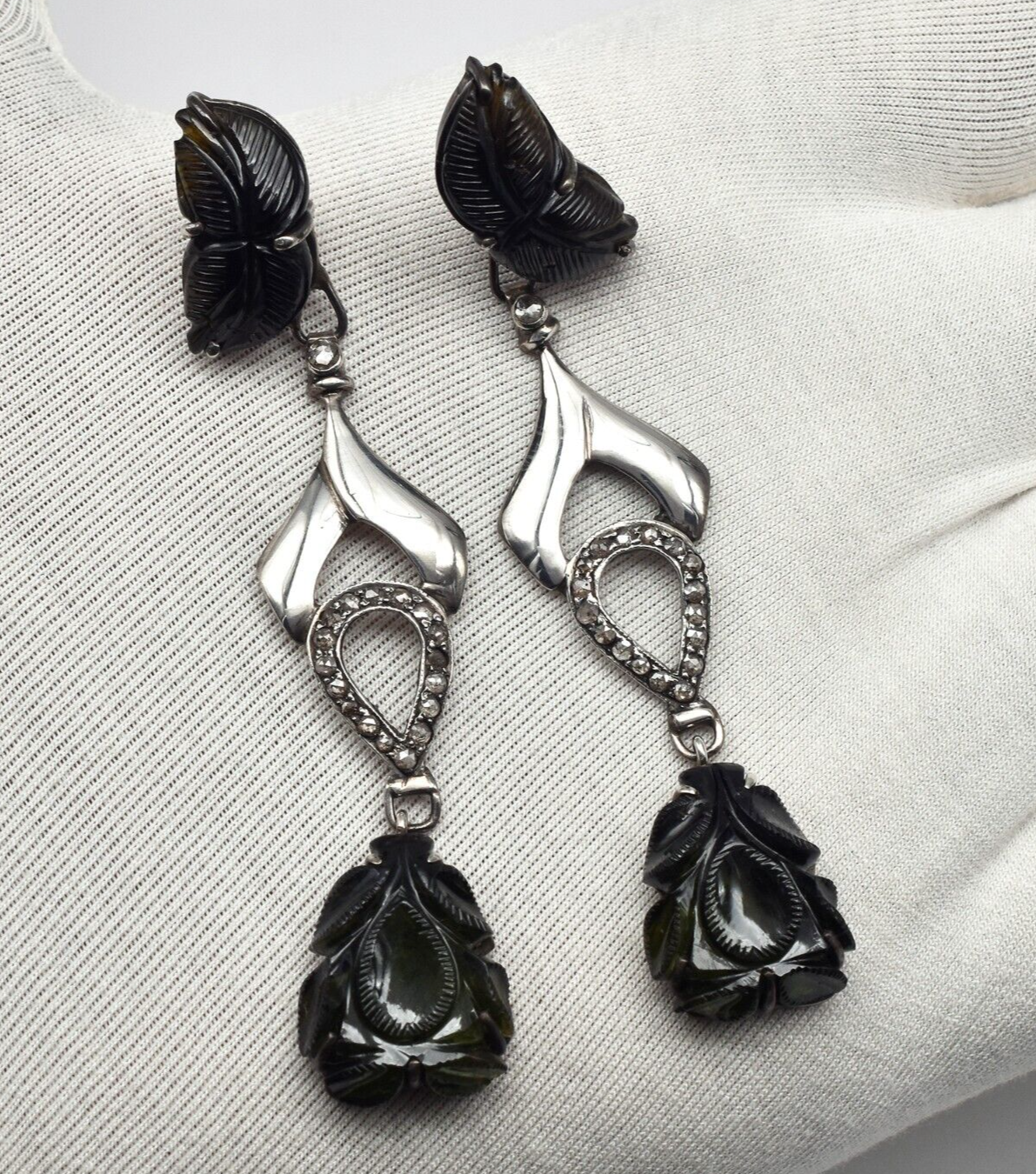 Estate Natural Green Tourmaline Diamond 10ct Sterling Silver Victorian Earrings