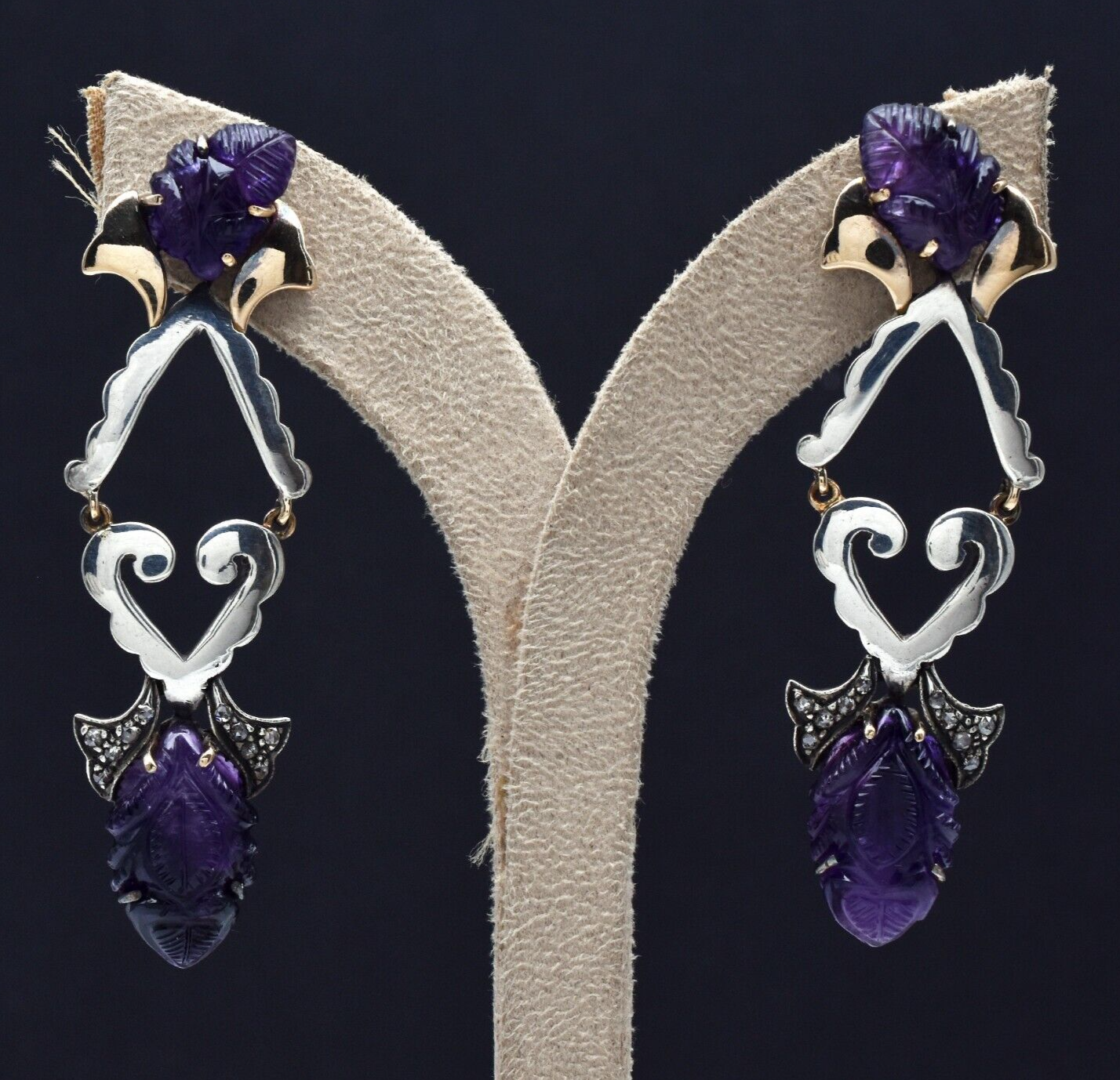 Natural Amethyst Diamond 10ct 18k Gold Sterling Silver Victorian Dangle Earrings