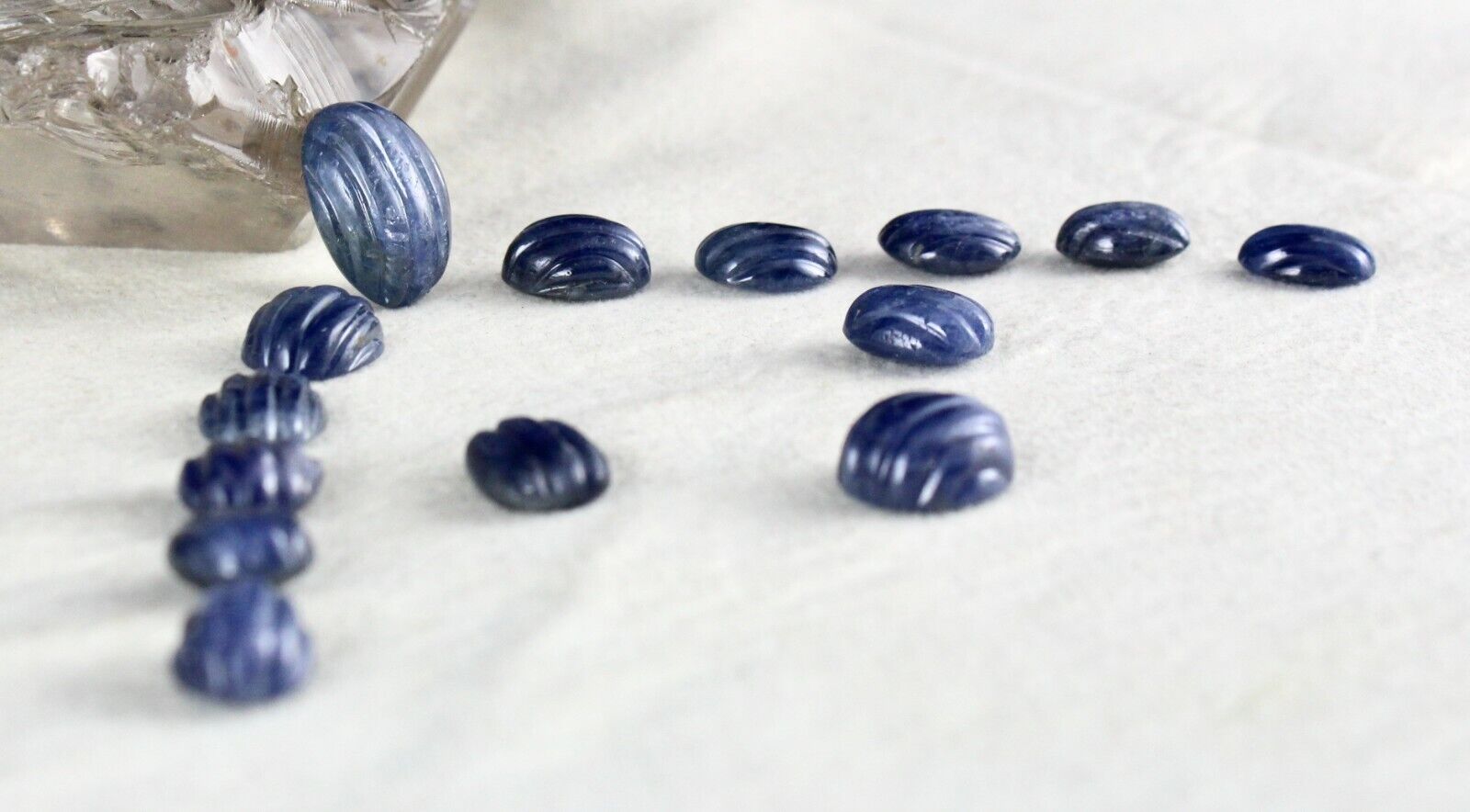 Natural Untreated Blue Sapphire Carved Oval Gemstone 14 Pcs 65.60 Cts Design Set