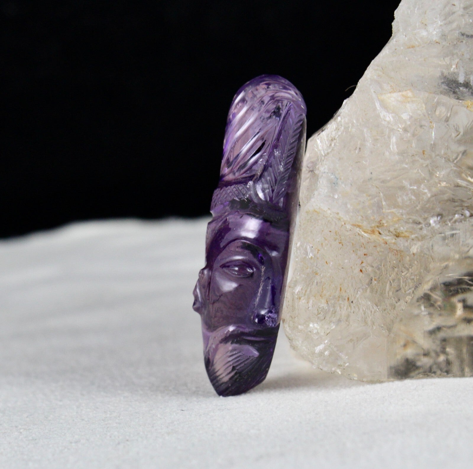 Natural Amethyst Engraved Face Cab 46x18mm 70.03 Ct Gemstone Pendant Designing