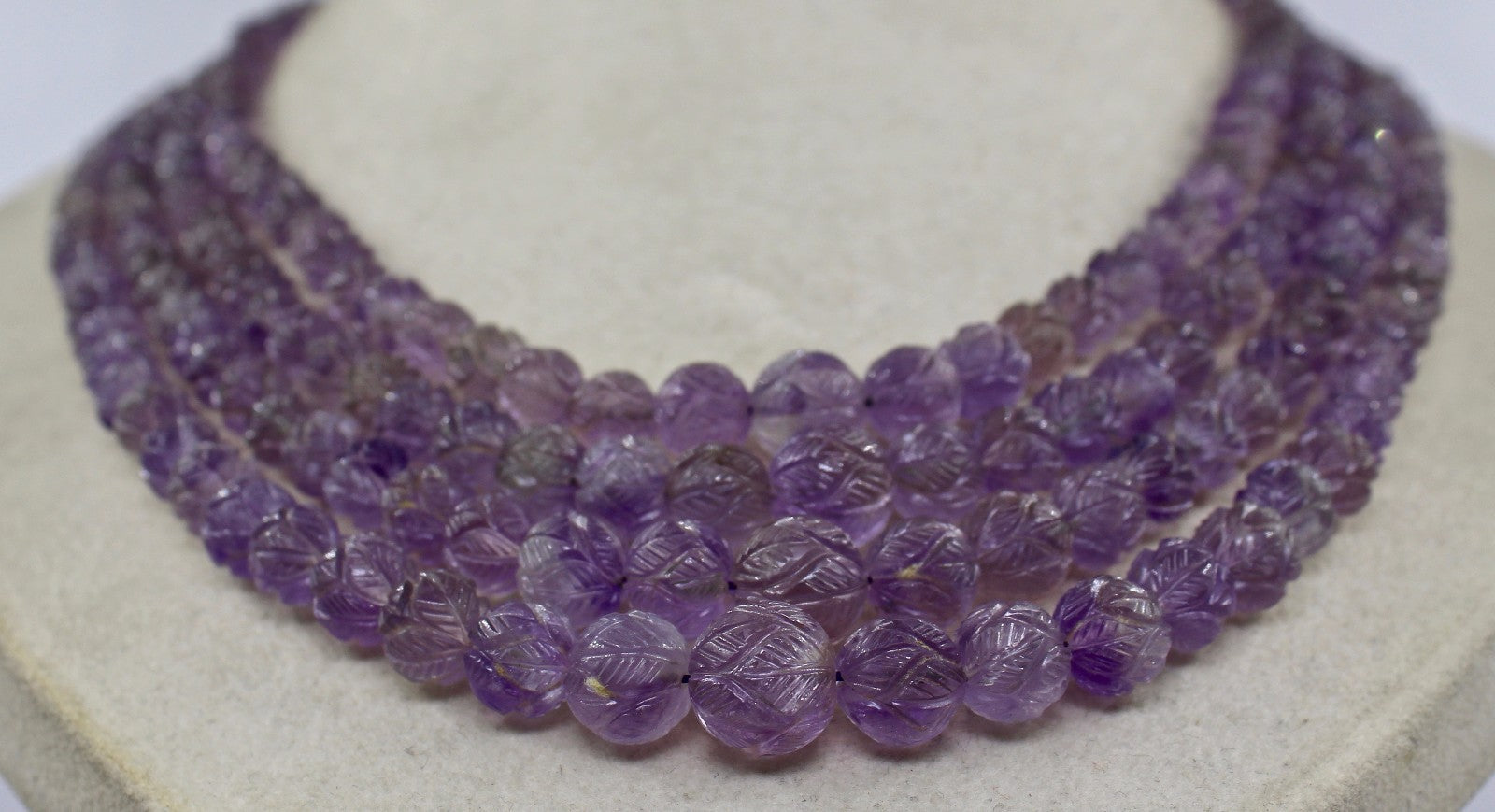 Certified Natural Amethyst 703 Ct Beads Carved Round Necklace For Ladies